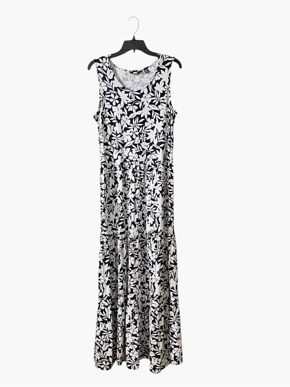 Lands End Maxi Dress Women Size M/T Black Floral Sleeveless Cotton Stretch Beach